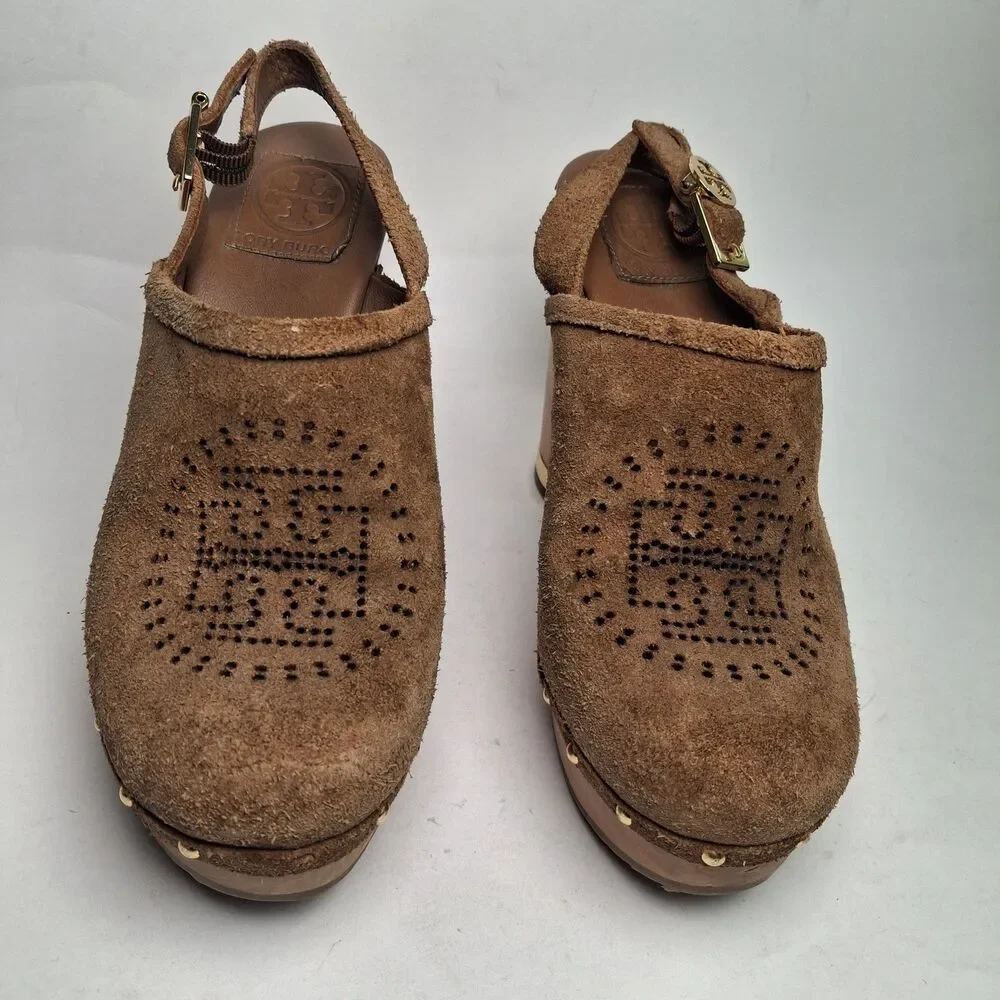Tory Burch Brayden Slingback Clog 8M Brown Gold Wood Heel Studded Summer Party